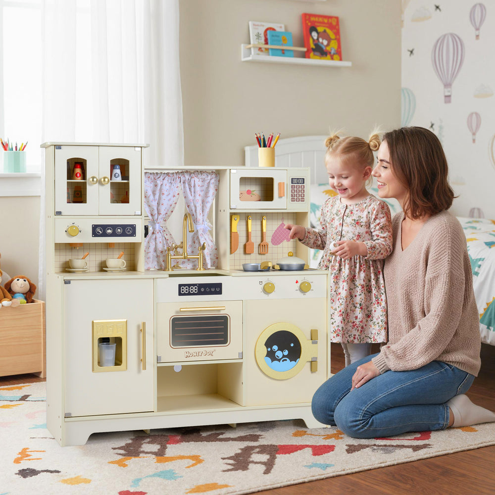Wooden toy kitchen playset in beige with a realistic stove and sliding curtains for engaging imaginative play for kids.
