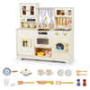 Wooden toy kitchen playset in beige with 14 accessories, including oven and coffee maker, for imaginative cooking fun.
