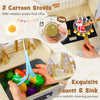 Wooden toy kitchen playset featuring two cartoon stoves, rotatable faucet, and 14 accessories for imaginative cooking.