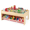 Wooden train set table featuring a working crane and vibrant accessories, designed for creative play and imaginative.