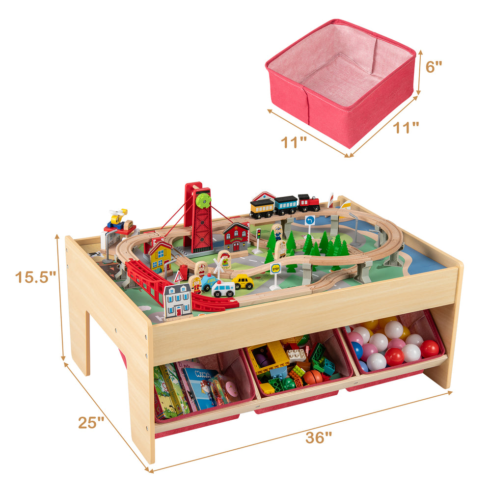 Wooden train set table with reversible tabletops, 94 accessories, and 3 fabric drawers for organized play.