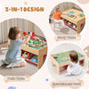 Wooden train set table with reversible tabletops, featuring a study and entertainment area, ideal for kids' playtime.