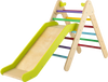 2-in-1 wooden triangle climber set with multicolor gradient adjustable slide for kids' playroom and outdoor fun.