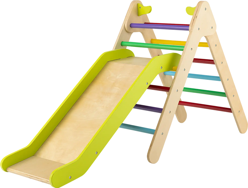 2-in-1 wooden triangle climber set with multicolor gradient adjustable slide for kids' playroom and outdoor fun.