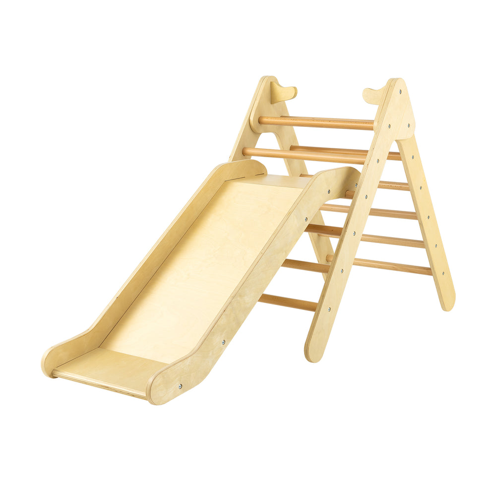 2-in-1 Wooden Triangle Climber Set with Gradient Adjustable Slide-Natural - Gallery View 1 of 11