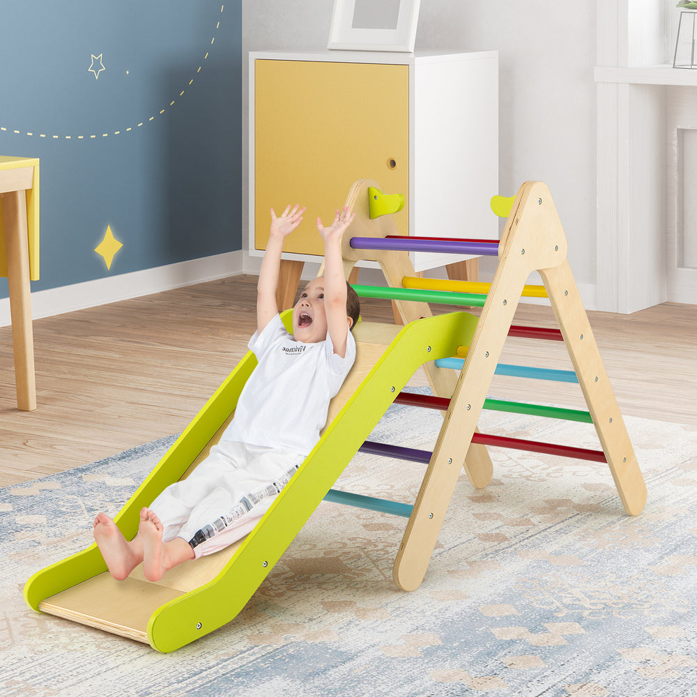 Colorful 2-in-1 wooden triangle climber set with adjustable slide, designed for kids' playroom safety and fun.