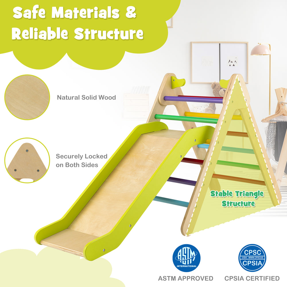 Multicolor wooden triangle climber set with a smooth, burr-free slide, ensuring safety and fun for kids' playtime.