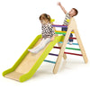Colorful 2-in-1 wooden triangle climber set with adjustable slide, promoting balance and motor skills for kids' play.