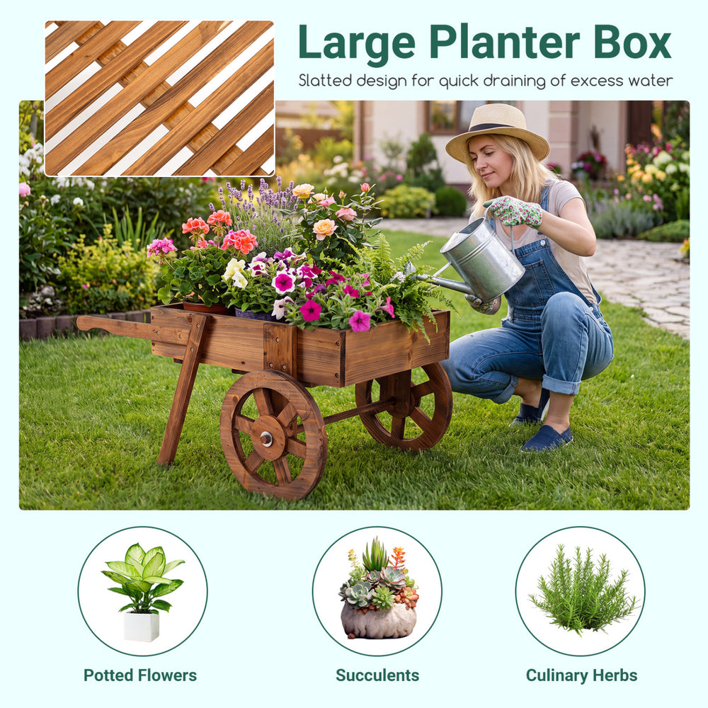 Wooden wagon planter with wheels features a slatted design for drainage, ideal for flowers, herbs, and succulents.