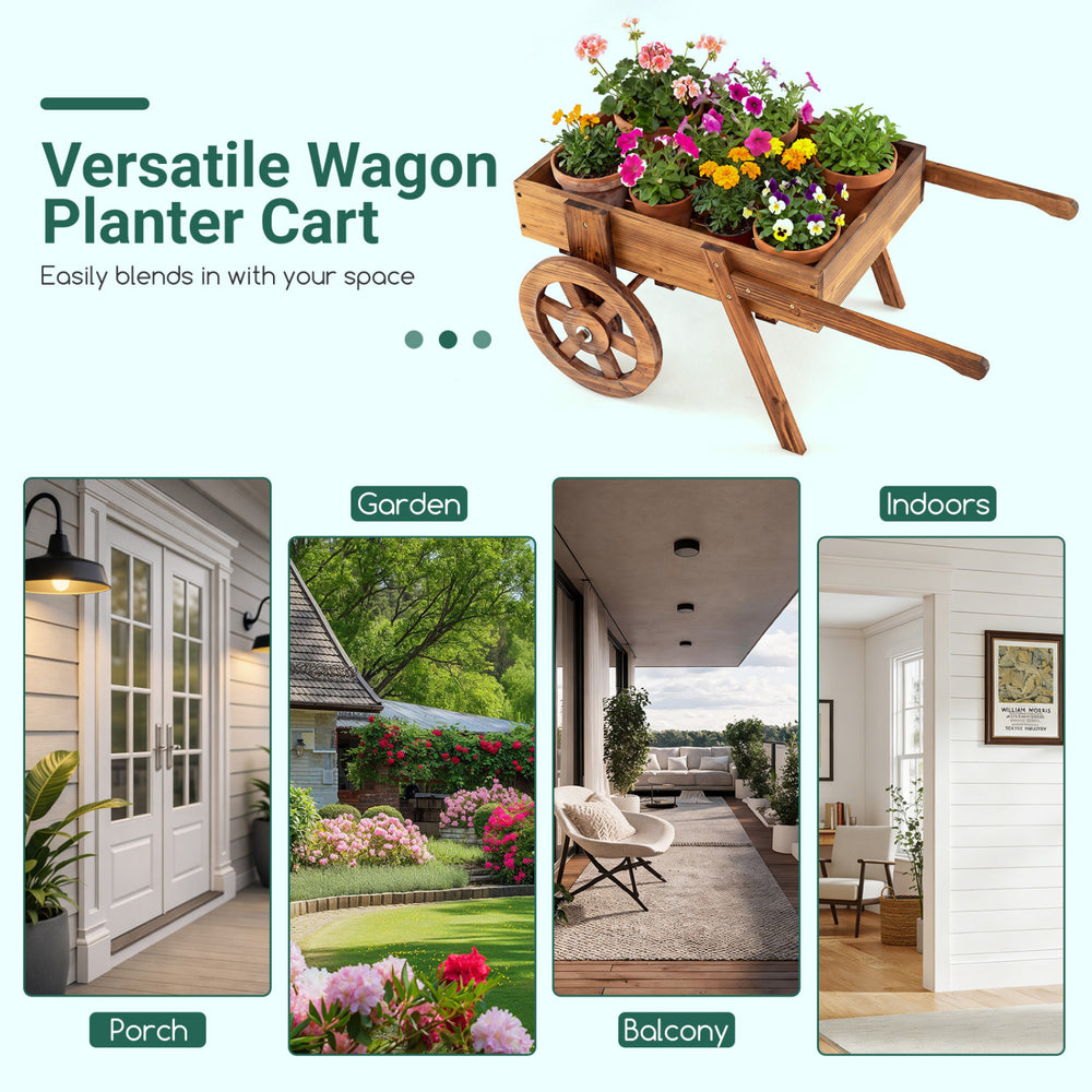 Wooden wagon planter cart with wheels, crafted from solid fir wood, ideal for flowers and herbs in indoor or outdoor spaces.