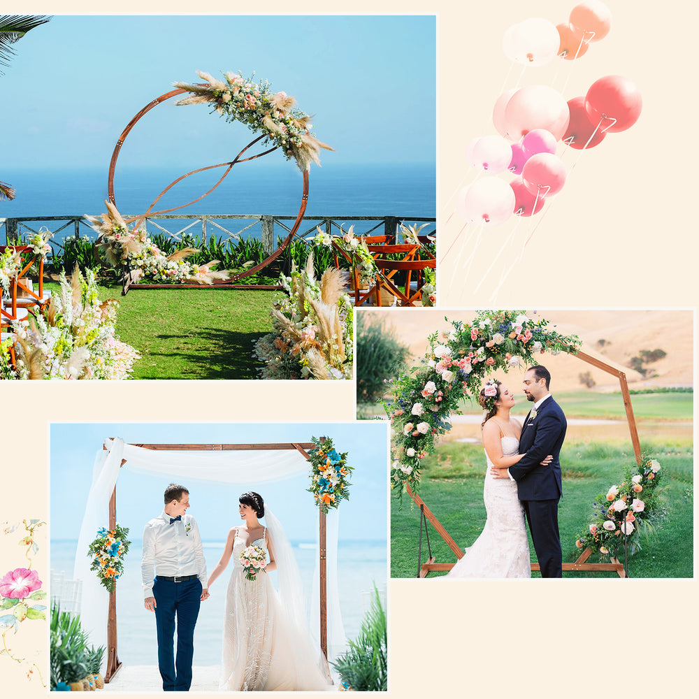 Wooden wedding arch in round shape, crafted from fir wood, ideal for outdoor ceremonies and floral decorations.