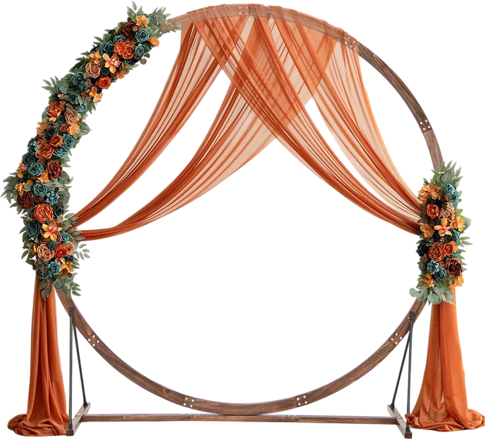 Wooden wedding arch with floral accents and draped fabric, ideal for ceremonies and outdoor events.