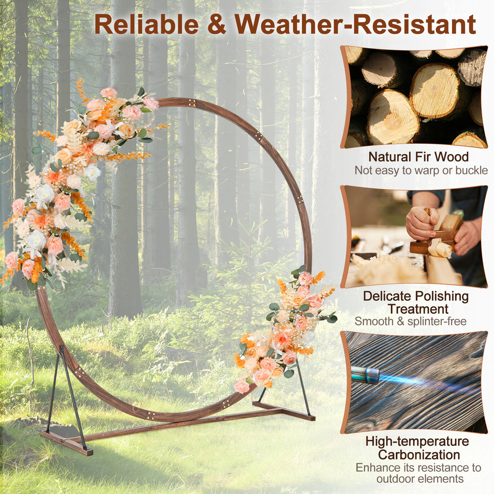 Wooden wedding arch made of natural fir wood, featuring a round design, ideal for outdoor ceremonies and decorations.