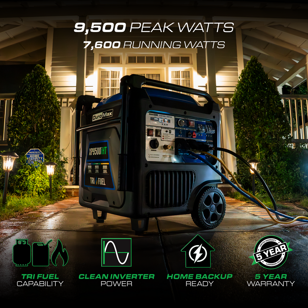 DuroMax XP9500iHT marketing image - 9,500 peak watts / 7,600 running watts