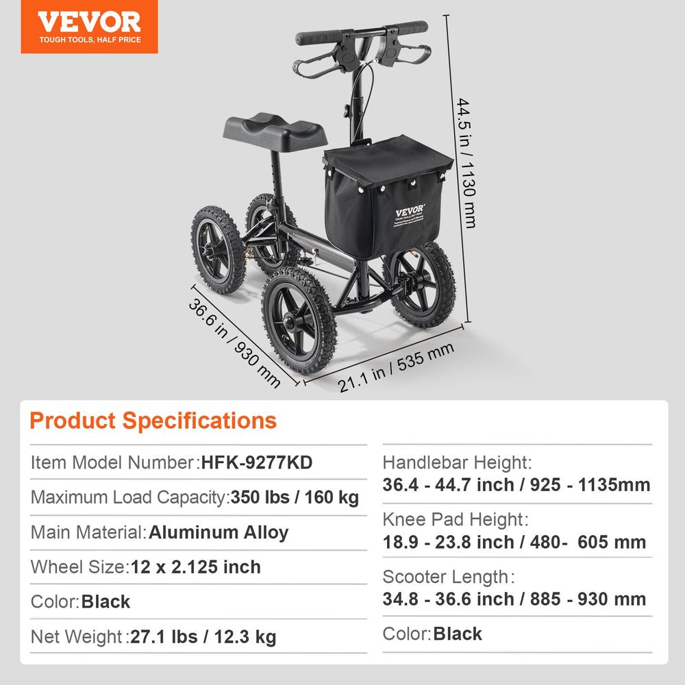 Vevor Knee Scooter Folding Walker Aluminum Frame 350 lbs. Capacity Height Adjustable and 12" Wheels New