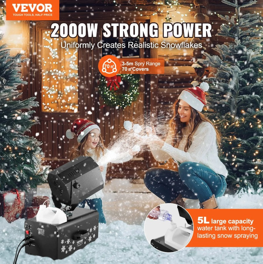 Vevor Snow Machine 2000W with 90° Oscillation 1.32 Gal Tank 753 Sq Ft Coverage New