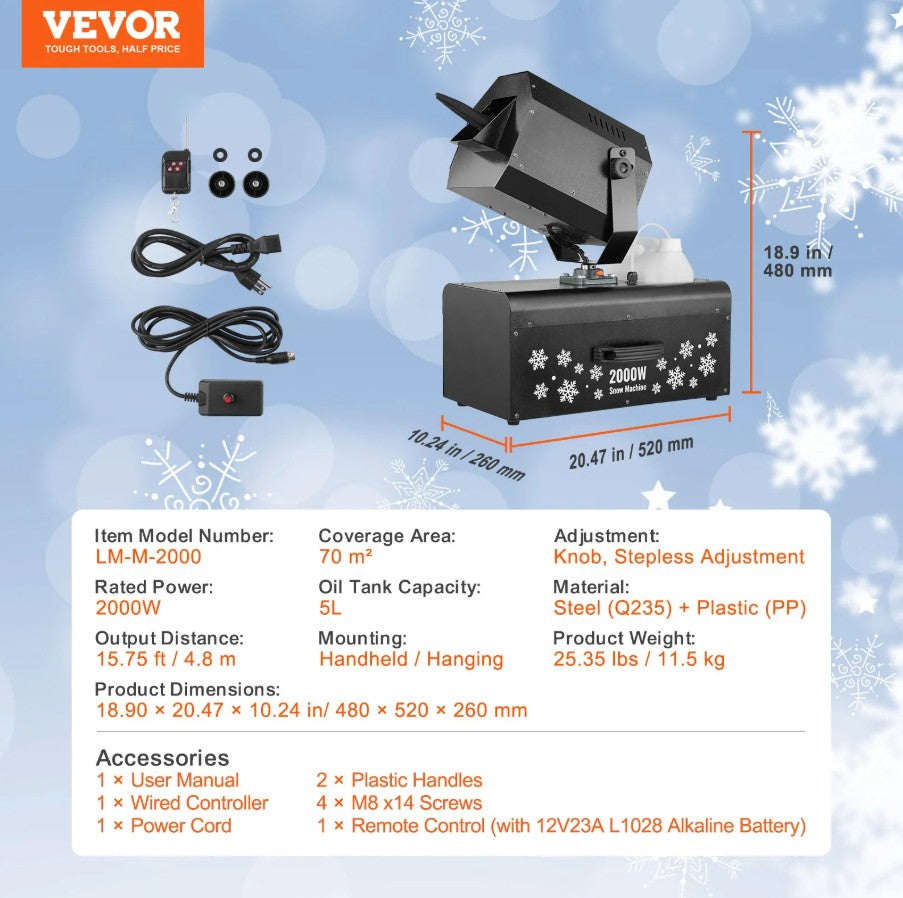 Vevor Snow Machine 2000W with 90° Oscillation 1.32 Gal Tank 753 Sq Ft Coverage New