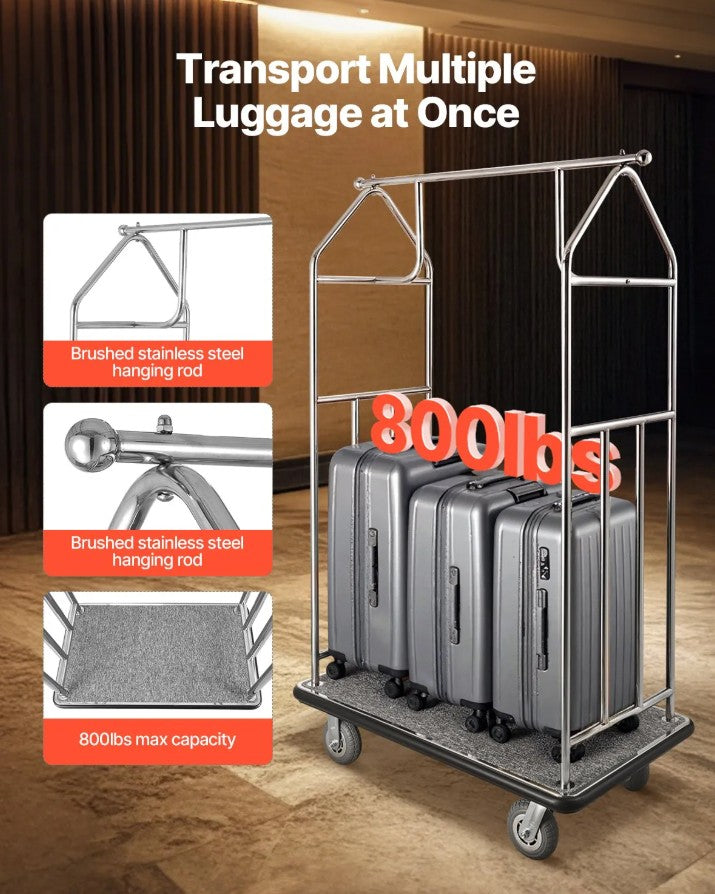 Vevor Hotel Luggage Cart 42.5" x 25" x 71" Stainless Steel 800 Lbs Capacity Silent Rubber Wheels New