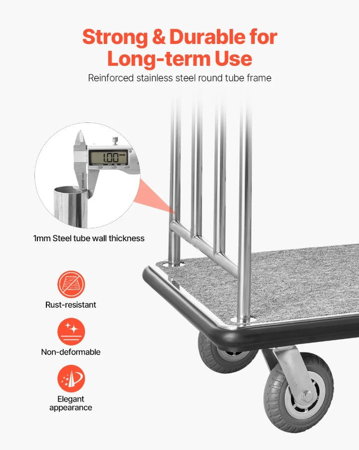 Vevor Hotel Luggage Cart 42.5" x 25" x 71" Stainless Steel 800 Lbs Capacity Silent Rubber Wheels New