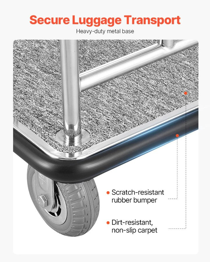 Vevor Hotel Luggage Cart 42.5" x 25" x 71" Stainless Steel 800 Lbs Capacity Silent Rubber Wheels New