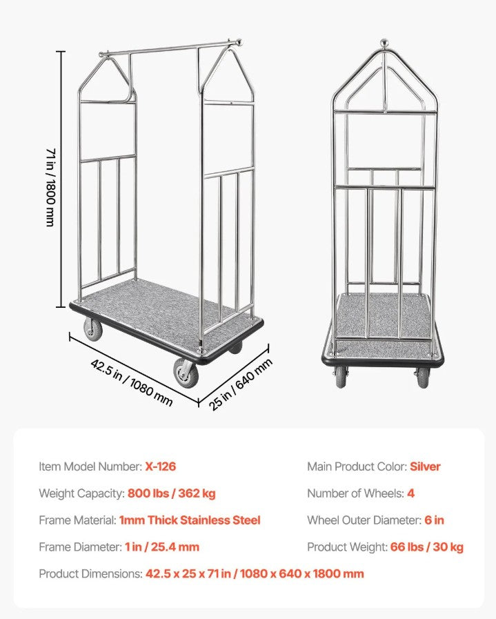 Vevor Hotel Luggage Cart 42.5" x 25" x 71" Stainless Steel 800 Lbs Capacity Silent Rubber Wheels New