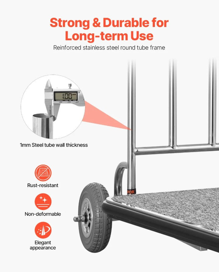 Vevor 3-Wheel Bellman Luggage Cart 660 Lb Capacity Stainless Steel Hotel Trolley New