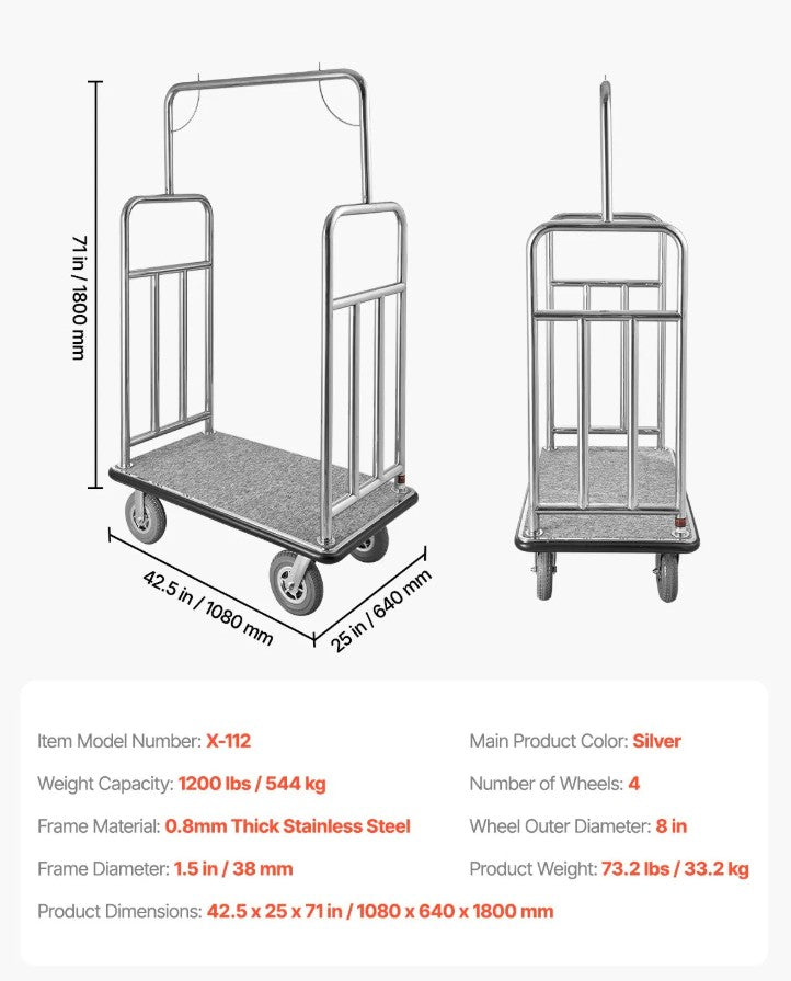 Vevor Bellman Luggage Cart 1200 Lbs Capacity Stainless Steel 4-Wheels Hotel Trolley New