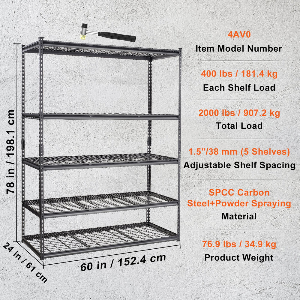 Vevor Storage Shelving Unit 5-Tier Adjustable 2000 Lbs Heavy Duty Metal Rack 60" x 24" x 78" New