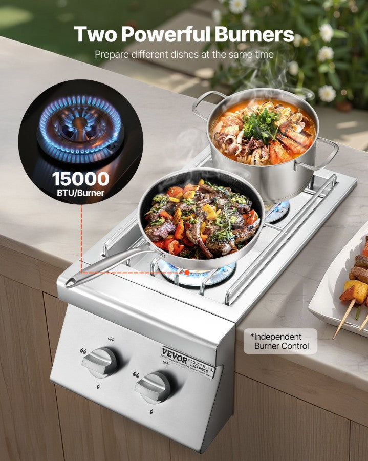 Vevor 2-Burner Built-In Outdoor Cooktop 2 x 15000 BTU Propane and Natural Gas New