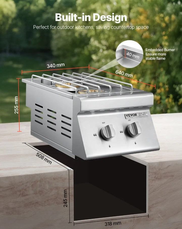 Vevor 2-Burner Built-In Outdoor Cooktop 2 x 15000 BTU Propane and Natural Gas New