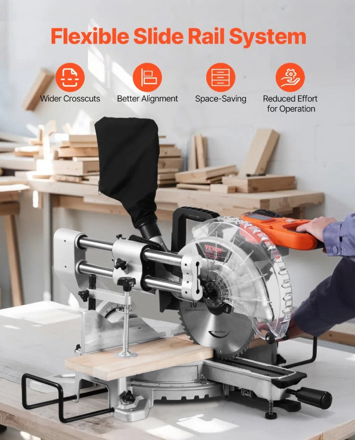 Vevor Sliding Compound Miter Saw 10" 15A Dual Bevel with LED Guide 60-Tooth Blade New