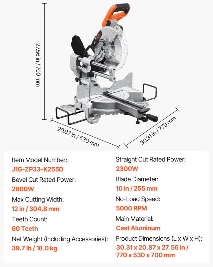Vevor Sliding Compound Miter Saw 10" 15A Dual Bevel with LED Guide 60-Tooth Blade New