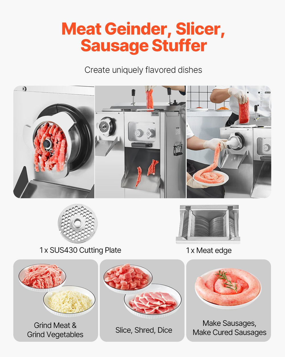 Vevor Commercial Meat Grinder 1100W Electric 14 Lbs/Min 0.2" Cutting Slicer & Sausage Stuffer New