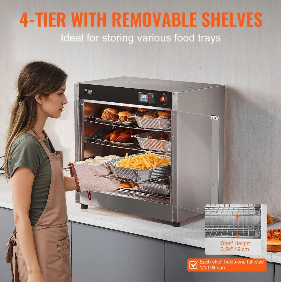Vevor Hot Box Food Warmer 4-Tier 850W Double Door Stainless Steel with Water Tray New