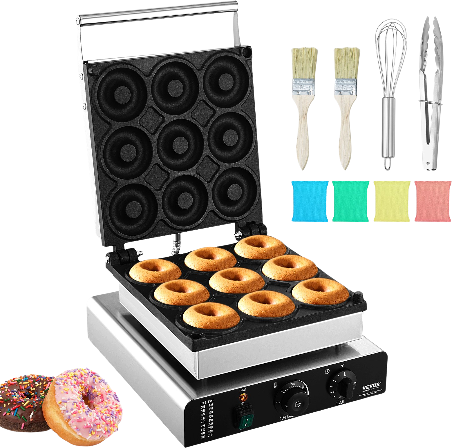 Vevor Commercial Electric Donut Maker 2000W 9 Holes Non-Stick Double-Sided Heating 122-572°F New