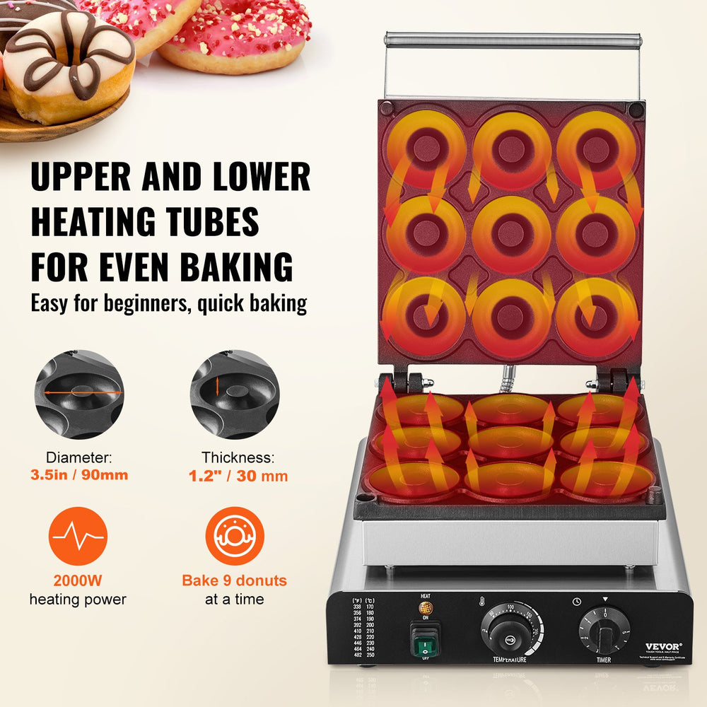 Vevor Commercial Electric Donut Maker 2000W 9 Holes Non-Stick Double-Sided Heating 122-572°F New