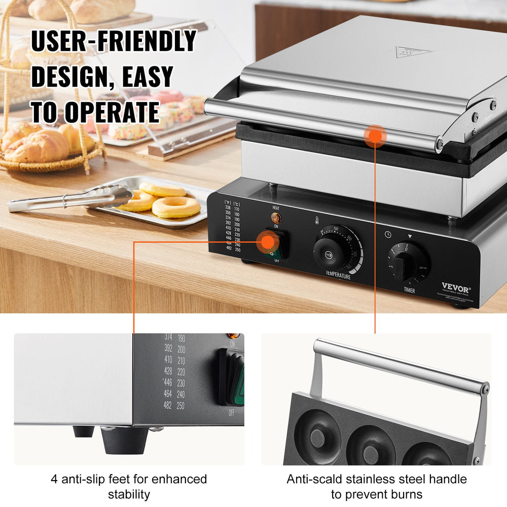 Vevor Commercial Electric Donut Maker 2000W 9 Holes Non-Stick Double-Sided Heating 122-572°F New