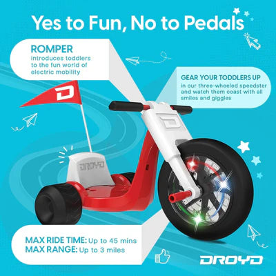 Droyd Romper Electric Trike for Kids 24V 2Ah Lithium Ion 50W Brushed 3 Miles 6 MPH Red New