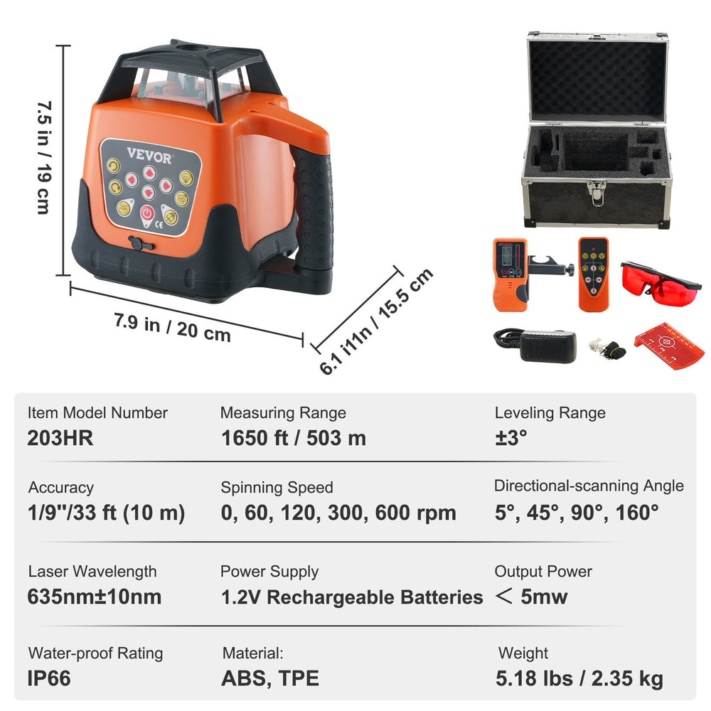 Vevor Rotary Laser Level 1650' Manual Self-Leveling Mode 360° 5 Rotation Speeds 4 Scanning Angles New