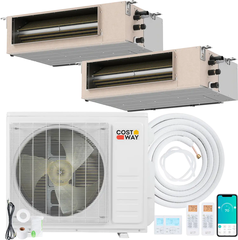 Ducted mini split AC system with 18,000 BTU capacity, featuring dual zones, smart control, and inverter technology.