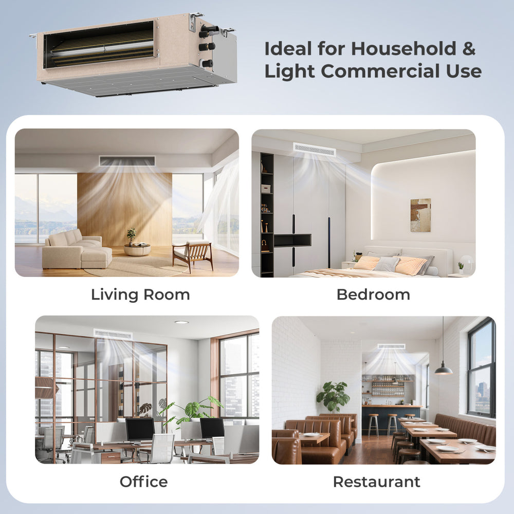 Concealed ducted mini split AC unit for 2 zones, featuring 24 SEER2 efficiency and smart control options for homes and.