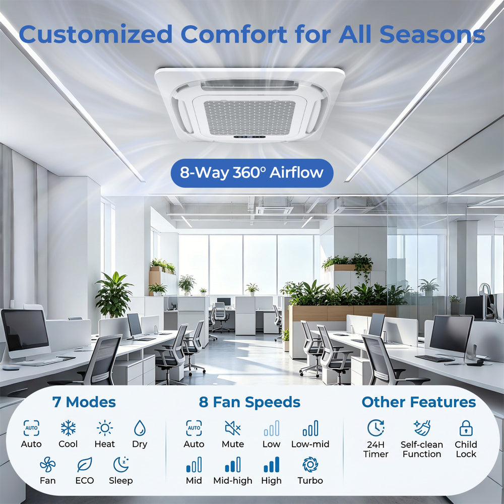 Ceiling cassette mini split AC with 360° airflow, 7 modes, and whisper-quiet operation for homes and offices.