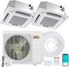 Ceiling cassette mini split AC system with 2 zones, 27000 BTU, featuring inverter technology and whisper-quiet.