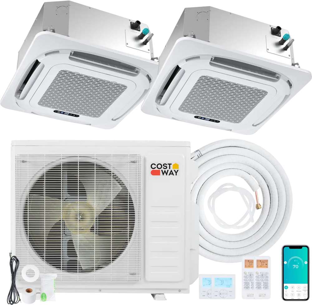 Ceiling cassette mini split AC system with 2 zones, 27000 BTU, featuring inverter technology and whisper-quiet.