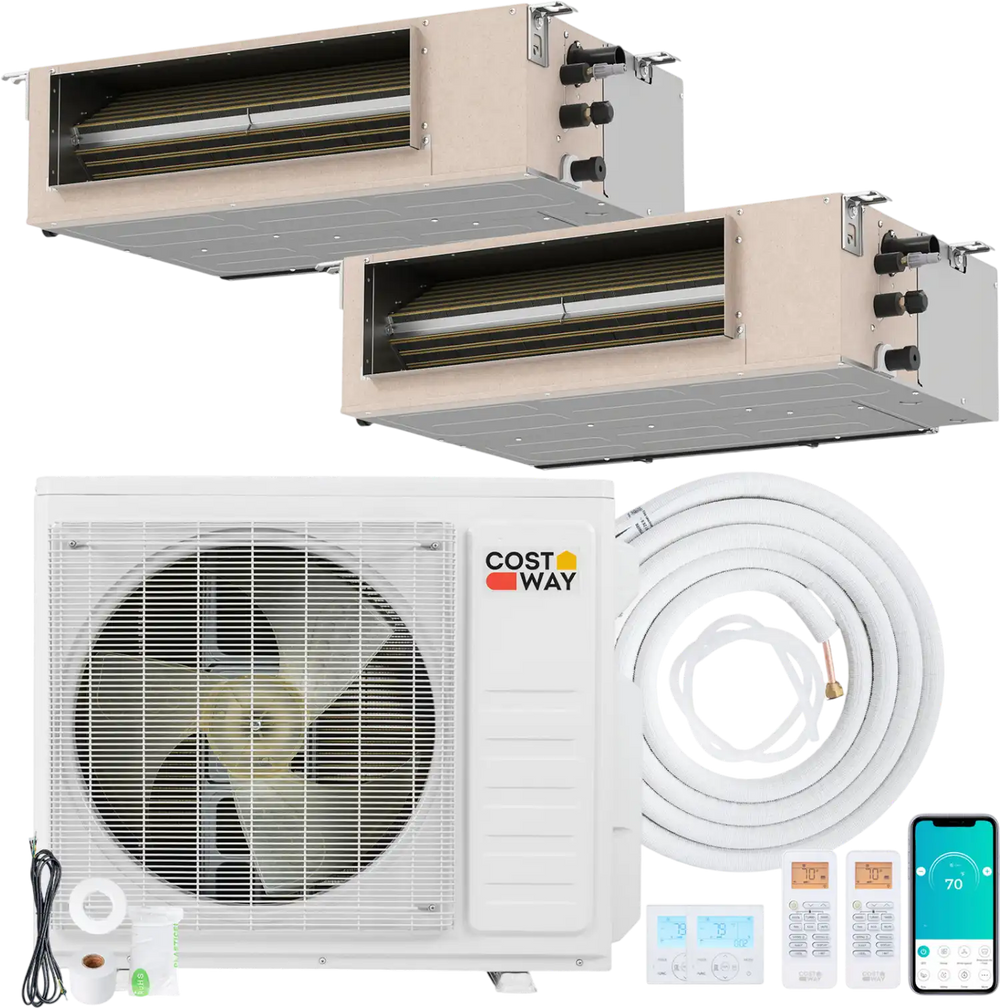 Concealed ducted mini split AC system with 27000 BTU capacity, featuring smart control, 7 modes, and 4D auto swing.