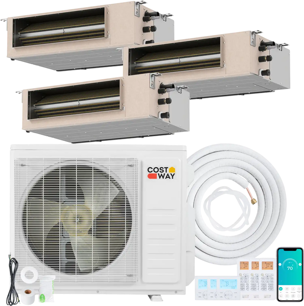 Concealed ducted mini split AC system with 3 zones, 27000 BTU, inverter technology, and smart control for efficient.