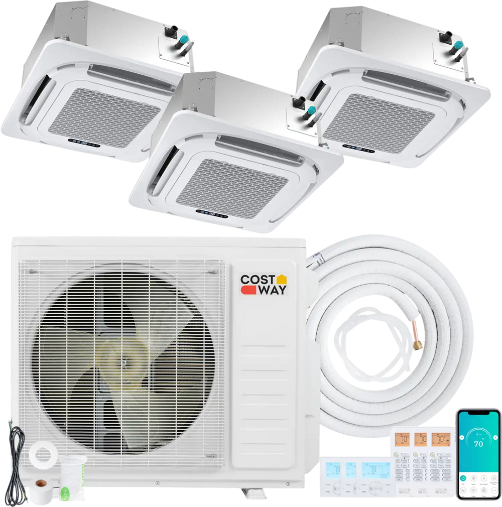 Ceiling cassette mini split AC system with 3 zones, 27000 BTU, featuring inverter technology and whisper-quiet.