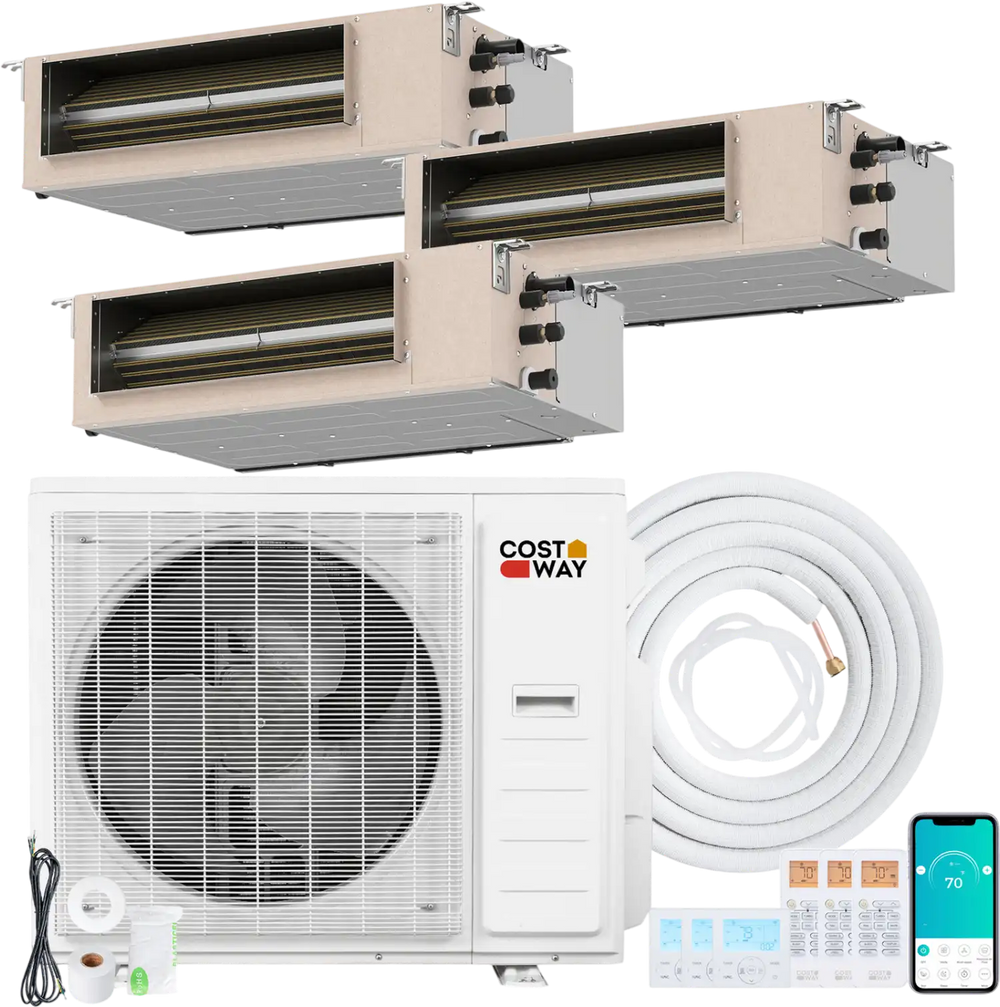 Ducted mini split AC system with 3 zones, 35000 BTU, and smart control for efficient temperature management.