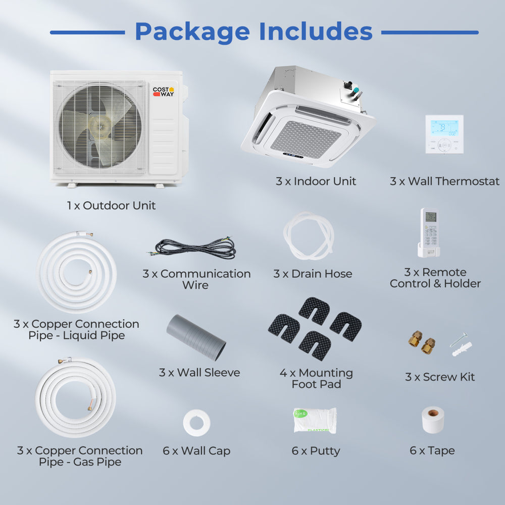 Ceiling cassette mini split AC package includes outdoor unit, indoor unit, thermostats, and installation accessories.