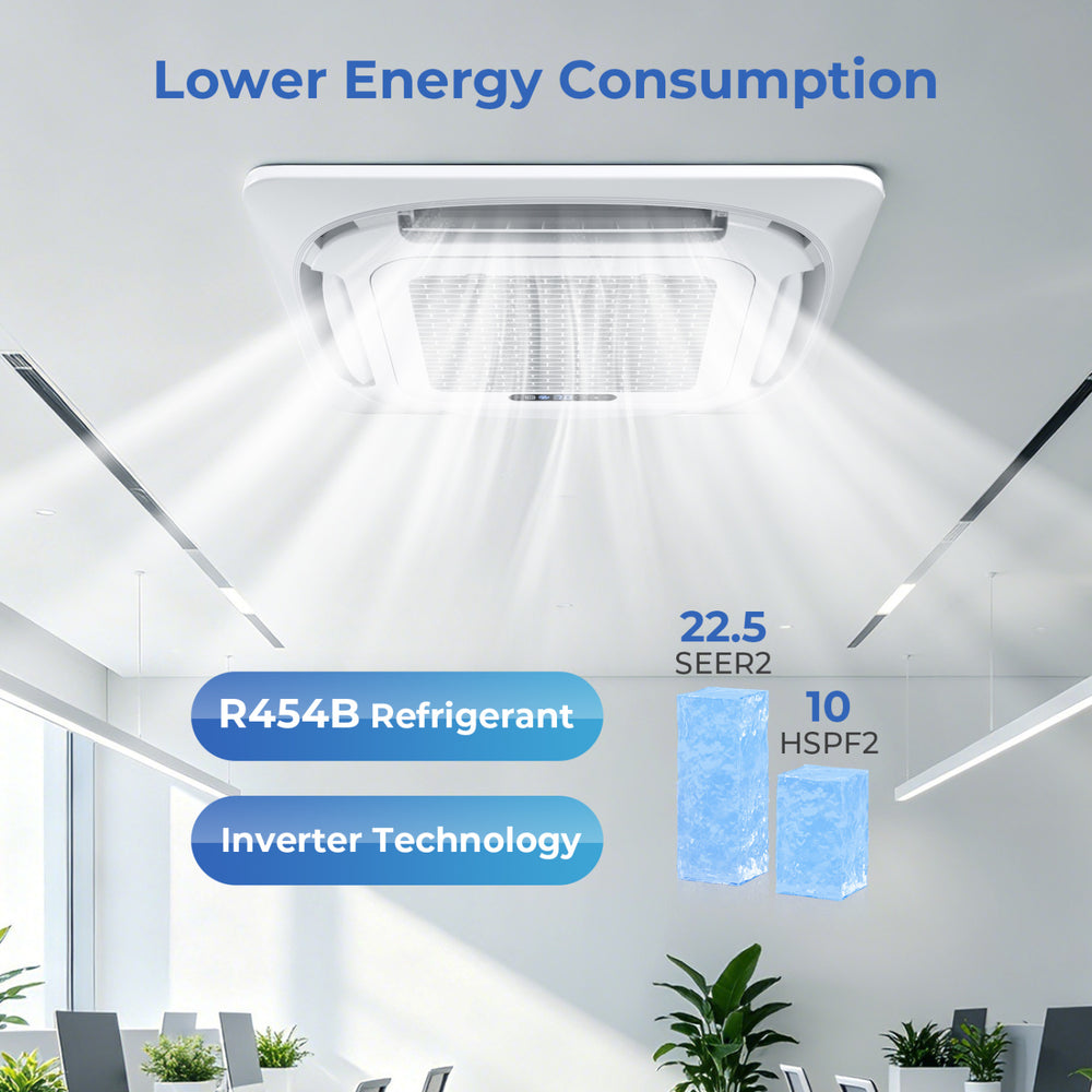 Ceiling cassette mini split AC with 22.5 SEER2, R454B refrigerant, and inverter technology for efficient cooling.